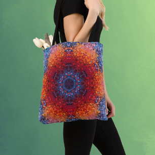 Bolsa Tote Vermelho de Mandala Digital Laranja e Azul