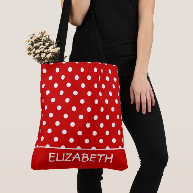 Bolsa Tote Vermelho de Verão e Bolinhas Brancas Personalizado (Close Up)