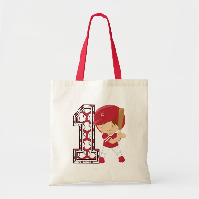 Bolsa Tote Vermelho e branco da massa do basebol do primeiro (Frente)