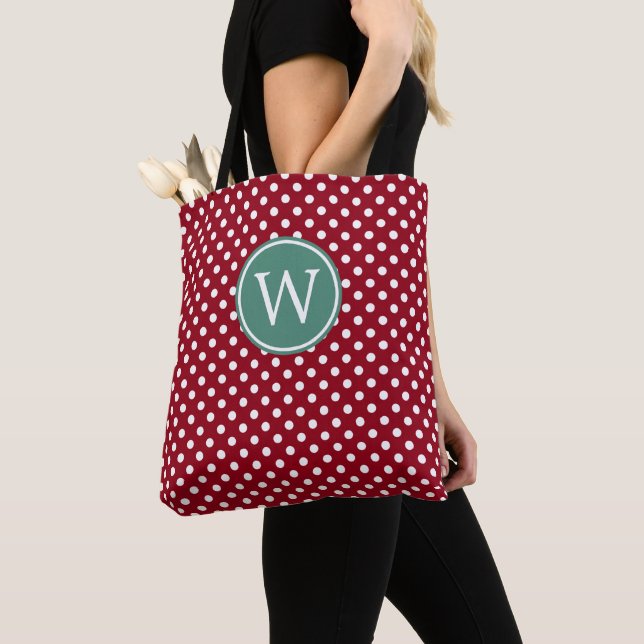 Bolsa Tote Vermelho e Branco de Bolinhas com Monograma em Tea (Close Up)