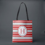 Bolsa Tote Vermelho e Cinzas Vermelhos Vermelhos Vivos Modern<br><div class="desc">Este design de saco de tota apresenta um lindo padrão vermelho,  cinza e listrado branco com um monograma circulado duplo. Excelente de celebrar com cores de equipe,  ou apenas todos os dias de diversão no verão. Faz um presente de excelente. Criado pela imprensa simplesmente de farmácia.</div>