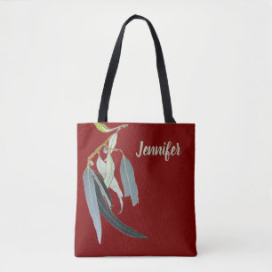 Bolsa Tote Vermelho Escuro com Folhas de Aquarela Nomeadas