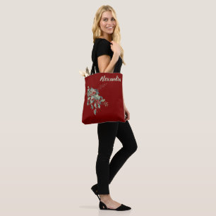 Bolsa Tote Vermelho Escuro com Folhas e Frutas em Aquarela No