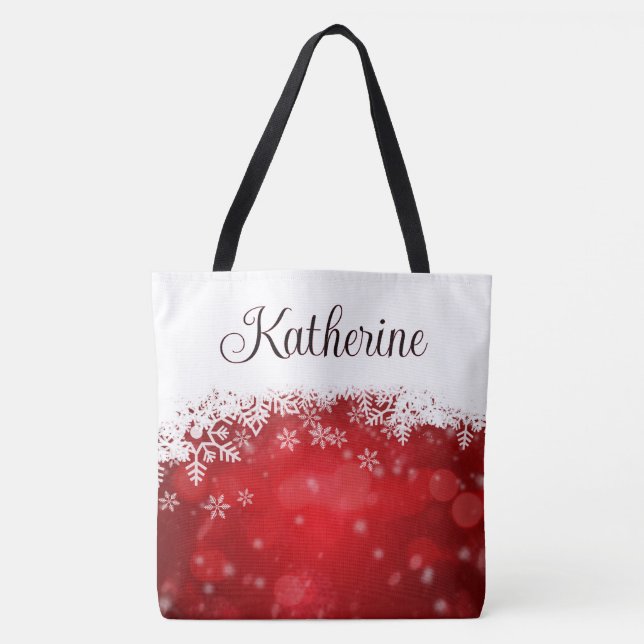 Bolsa Tote Vermelho Invernal & Floco de Neve Branco (Frente)