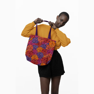 Bolsa Tote Vermelho, lilás, laranja, colorido, floral, Rosas