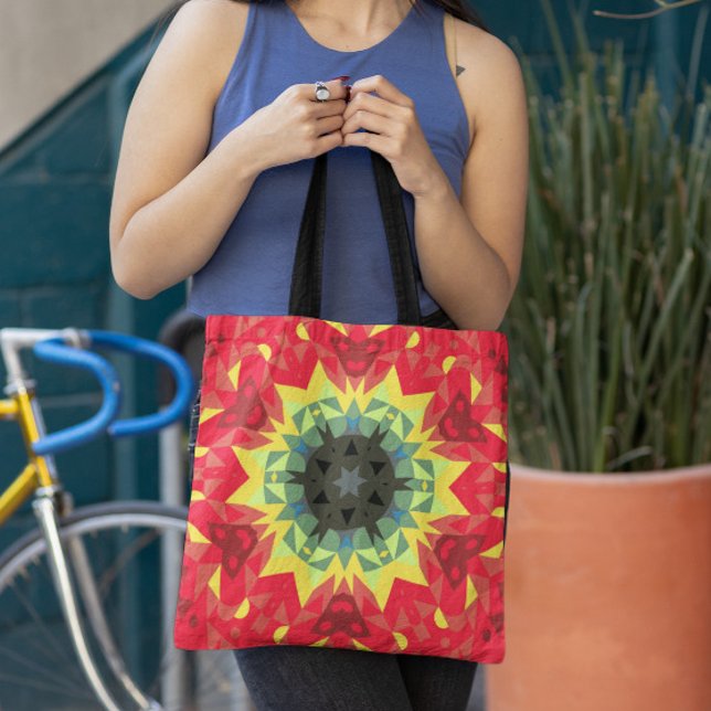 Bolsa Tote Vermelhos e Amarelos da Flor Mandala Retroativa (Criador carregado)