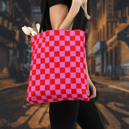 Bolsa Tote Vermelhos e Rosa Neon Checkerboard Vintage