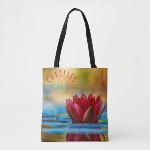Bolsa Tote Vermelhos Flor de Lotus Azul e Acentos Dourados