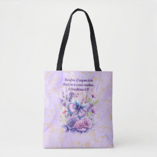 Bolsa Tote Versículo Bíblico e Borboleta em Mármore Roxo