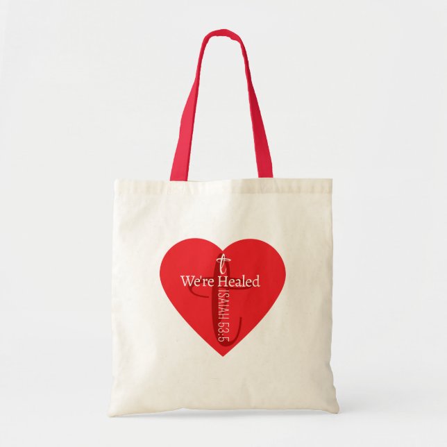 Bolsa Tote Versículo da Bíblia Coração Vermelho Cruz Simples  (Frente)