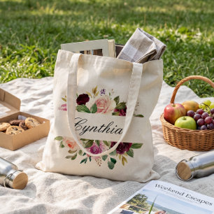 Bolsa Tote Vestido de Noiva Floral em Aquarela Bege Roxo Borg