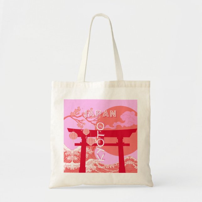 Bolsa Tote Viagem de Arte do Japão Kyoto, Retro-Arte Rosa (Frente)