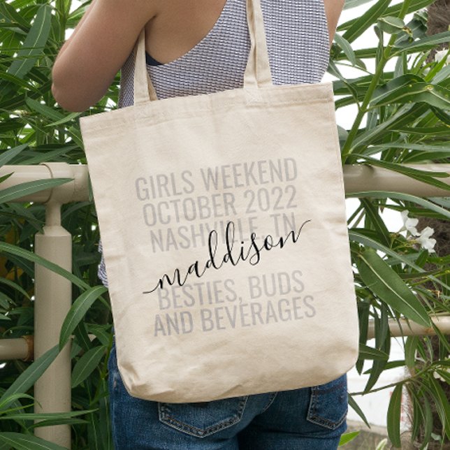 Bolsa Tote Viagem de Fim de Semana Personalizada para Meninas (Girls Weekend Trip Personalized Canvas Tote Bag with Names, Date, and Location and fun quote.)