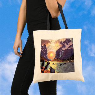 Bolsa Tote Viagens vintage, Noruega Fjord Land of Midnight Su