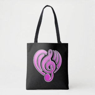 Bolsa Tote Vibrações Ama Musical Coração Cor-de-Rosa Nota Mus
