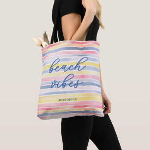 Bolsa Tote Vibrações de Praia em Aquarela com Listras Pastéis