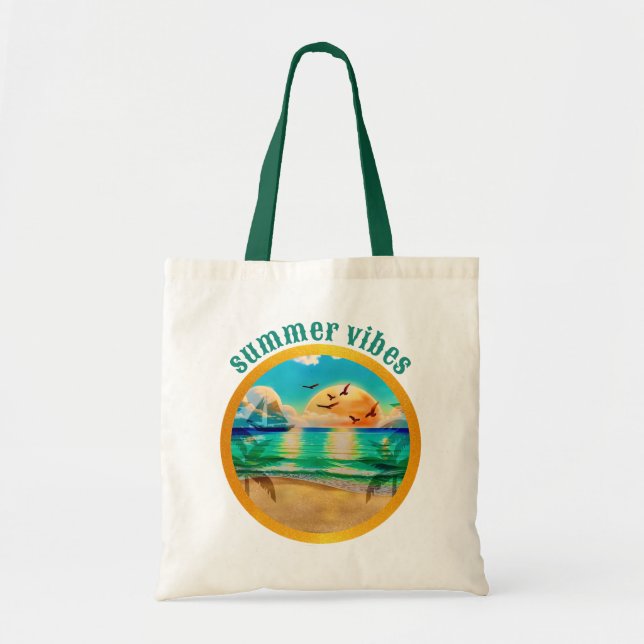 Bolsa Tote Vibrações de Verão, Design de Pôr do Sol na Praia  (Frente)