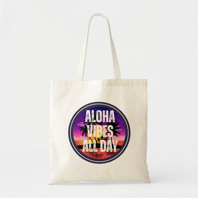 Bolsa Tote Vibrações Retro de Aloha Design de Pôr do Sol Trop (Frente)