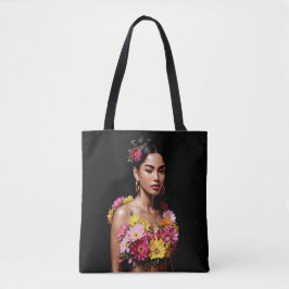 Bolsa Tote Vibrant Floral Woman Portrait Moody Art