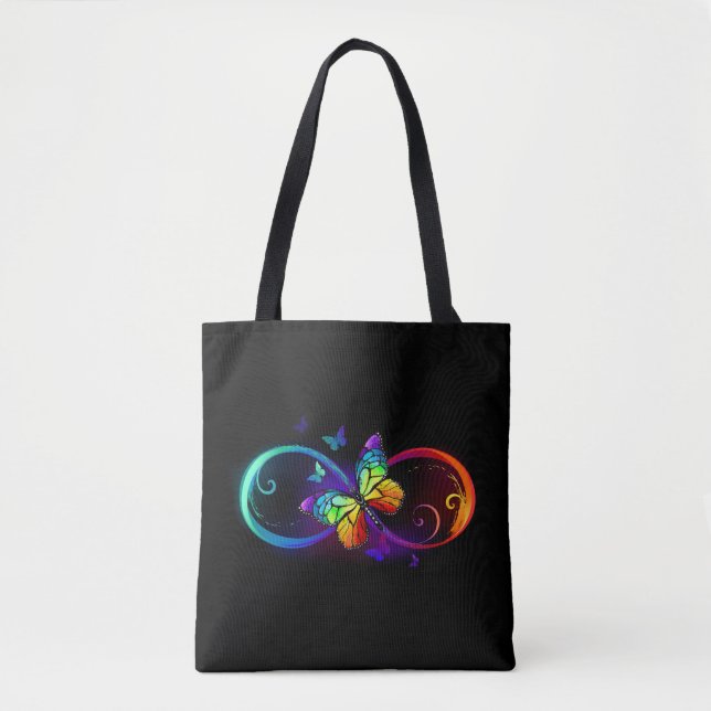 Bolsa Tote Vibrant infinity with rainbow butterfly on black (Frente)