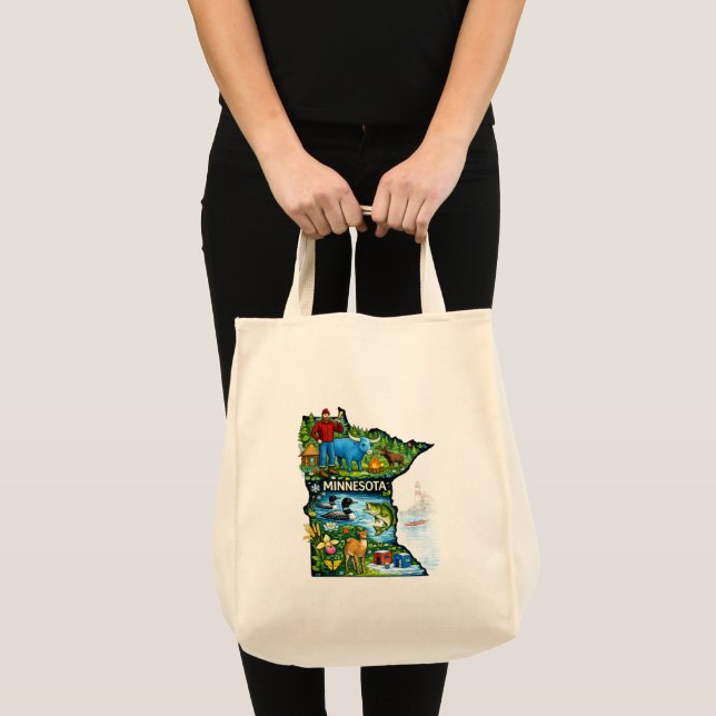 Bolsa Tote Vibrant Minnesota State Map-Paul Bunyan/Northwoods (Frente (produto))