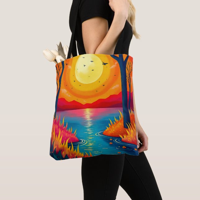 Bolsa Tote Vibrant Orange Sunset Lake Landscape Art (Close Up)