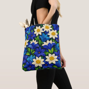 Bolsa Tote Vibrante Azul e Branco Floral