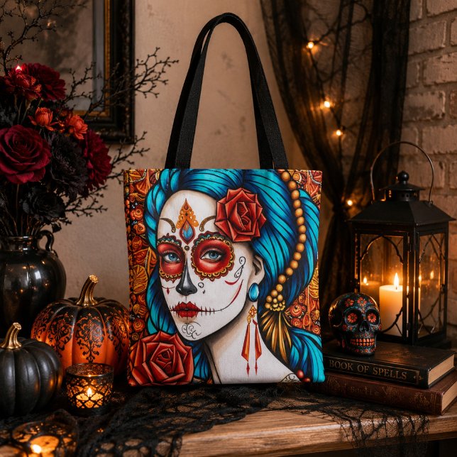Bolsa Tote Vibrante La Catrina Crânio de Açúcar Arte Folclóri (Criador carregado)