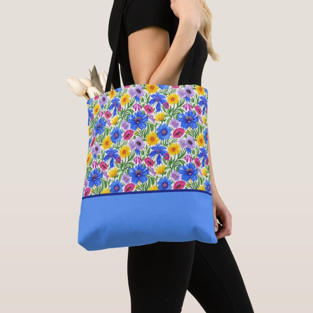 Bolsa Tote Vibrantes Flores Azuis Amarelas Vermelhas Roxas Bl (Close Up)