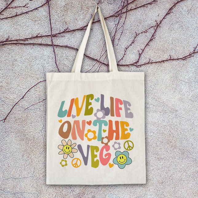 Bolsa Tote Vida ao Vivo no Veg, Flores de Trendy Retro Vegan (Criador carregado)