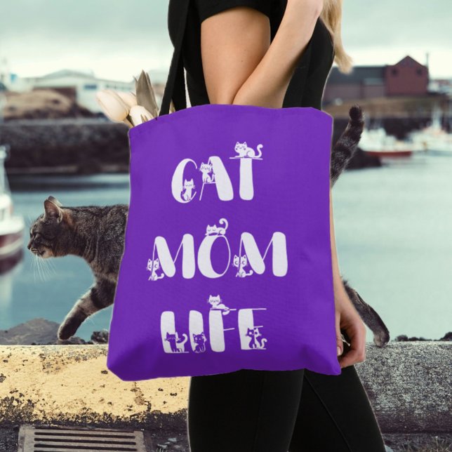 Bolsa Tote Vida de Mãe de Gato Moderna Roxa Dia das Mães Fofo (Criador carregado)