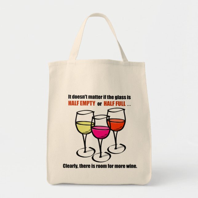 Bolsa Tote Vidros de Vinho de Cartoon Vidro Meio Vazio Humor (Frente)