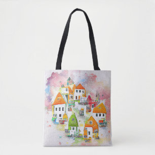 Bolsa Tote Village House Landscape Scenery Nature Watercolor