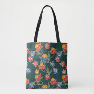 Bolsa Tote Vinhas florais indonésias verdes escuras Padrão