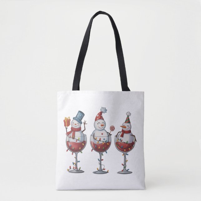 Bolsa Tote Vinho de Natal Bonecos de Neve Espiritos de Festa  (Frente)