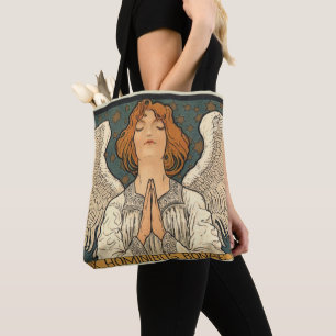 Bolsa Tote Vintage, Anjo Religioso, Rezando com Estrelas Dour