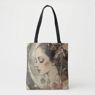 Bolsa Tote Vintage Boho Sideview Mulher e Moon Crescente