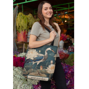 Bolsa Tote Vintage botânica, grua azul e lótus