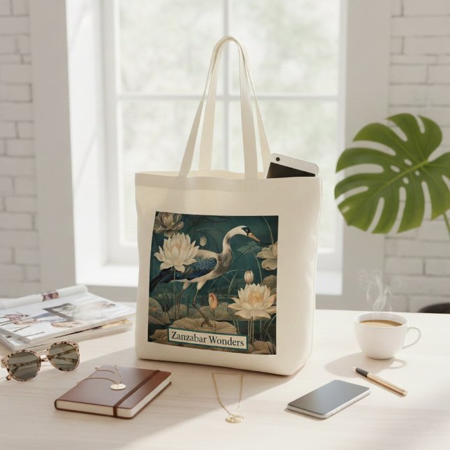 Bolsa Tote Vintage botanical blue crane personalizável (Criador carregado)