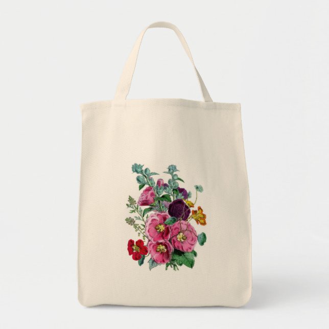 Bolsa Tote Vintage Botanicals Ilustrações Hollyhocks (Frente)