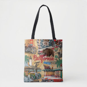 Bolsa Tote Vintage California: mapa de atrações turísticas.