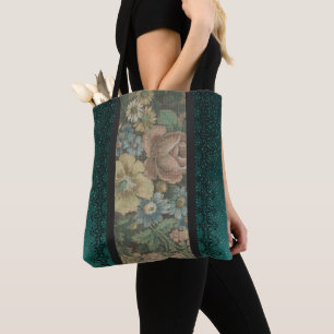 Bolsa Tote Vintage Charm: Burlap Floral com Elegância Teal