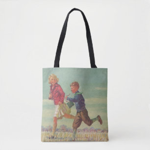 Bolsa Tote Vintage Children Running to School Carregando Book