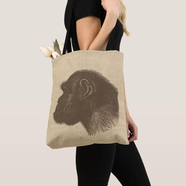 Bolsa Tote Vintage Chimpanzee Illustration on Burlap  (Close Up)