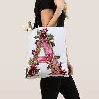 Bolsa Tote Vintage Christmas Pink Gold Holly Monogram A