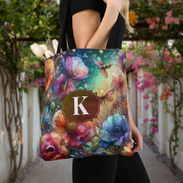 Bolsa Tote Vintage Colorida Aquarela Flores Monograma