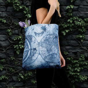 Bolsa Tote Vintage Compass   Gráfico náutico Azul Grunge