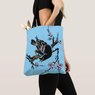 Bolsa Tote Vintage, Corvo Japonês e Flores de Cereja