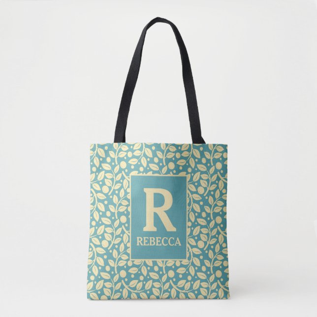 Bolsa Tote Vintage Cottage Blue e Cream Leaf (Frente)
