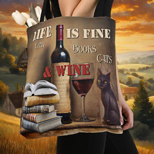 Bolsa Tote Vintage Diversão Livros Gatos Vinho